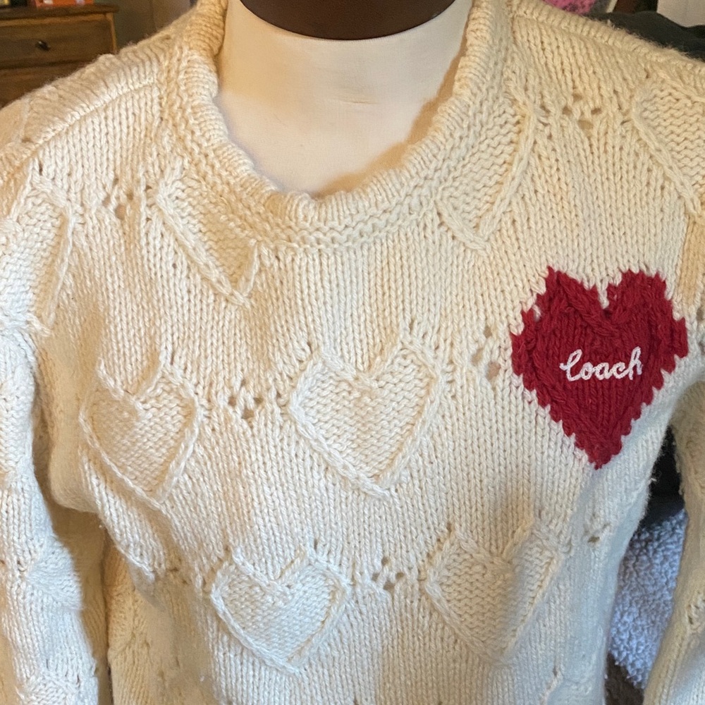 Coach Cream cable knit Sweater with Red Heart - Picture 2 of 6